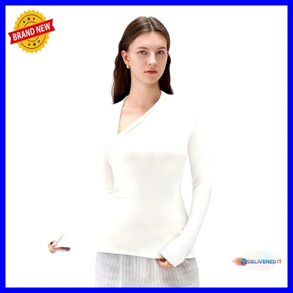 Modal Cashmere Long Sleeve T-Shirt Asymmetric Neck Ultralight Minimal Chic - Picture 4 of 6